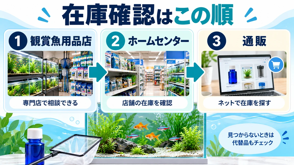 観賞魚用品店、ホームセンター、通販の探す順番を示す図解