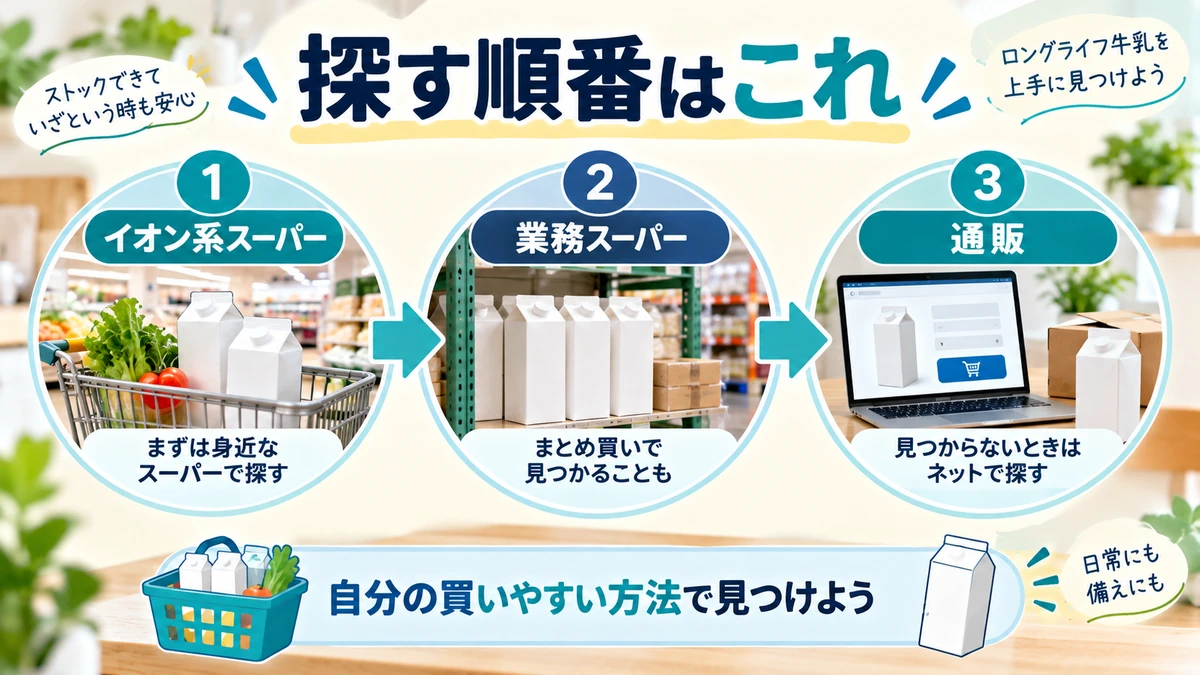 イオン系スーパー、業務スーパー、通販で探す順番を示す図解