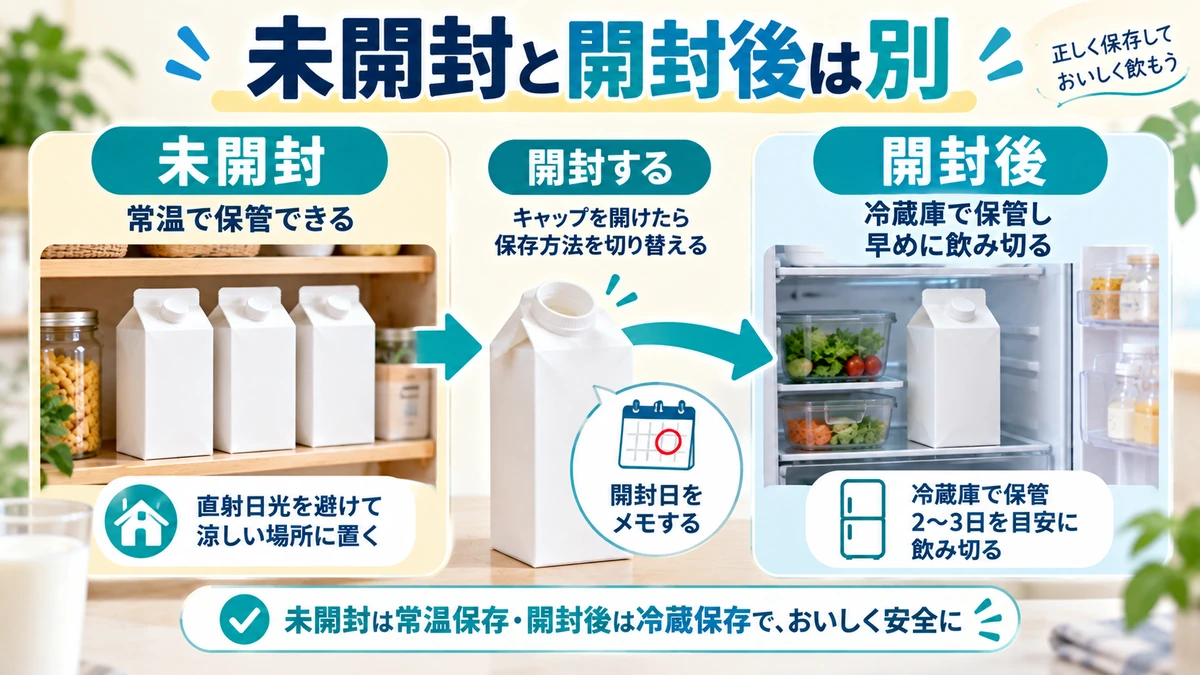 ロングライフ牛乳の未開封と開封後の安全確認を示す図解