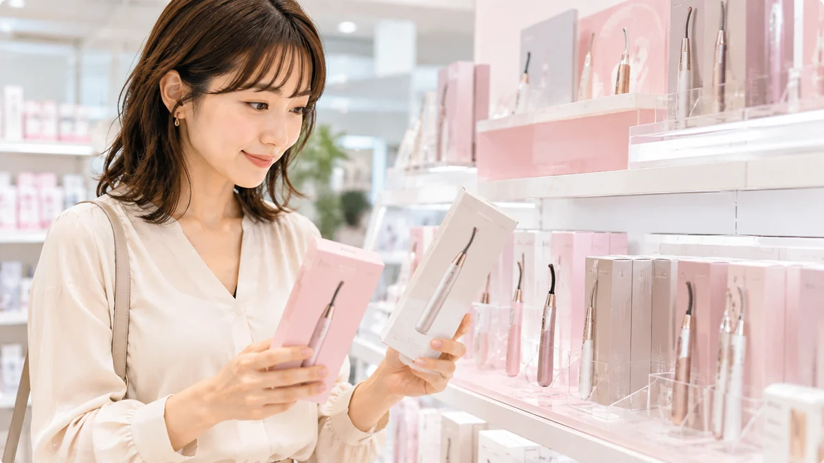 美容家電売り場でホットアイラッシュカーラーを確認する女性