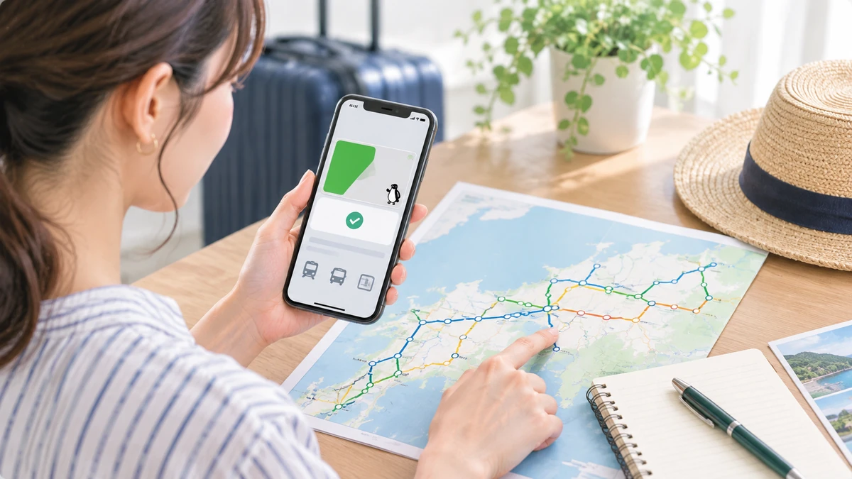 スマートフォンで交通系ICカードの利用範囲を確認する様子