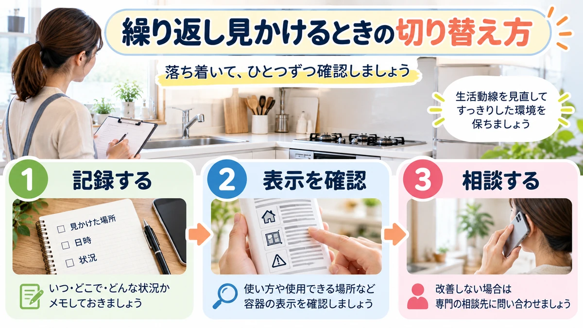 記録する、表示を確認する、相談するの順で対応を整理した図