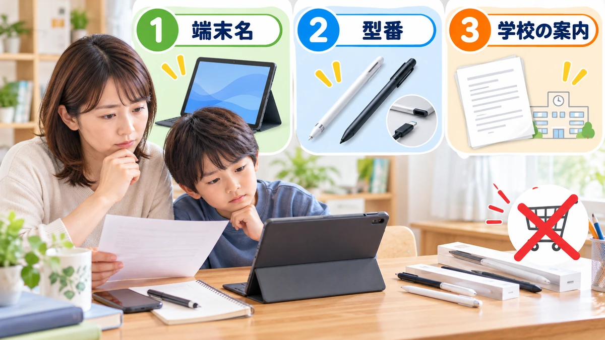 端末名、ペンの型番、学校の案内を見比べて購入前の確認項目を整理するイメージ