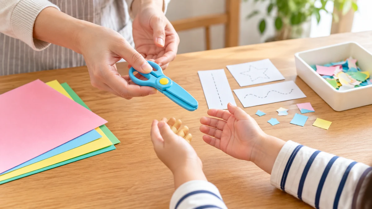 子ども用はさみ、厚めの紙、練習プリントを机に準備するイメージ