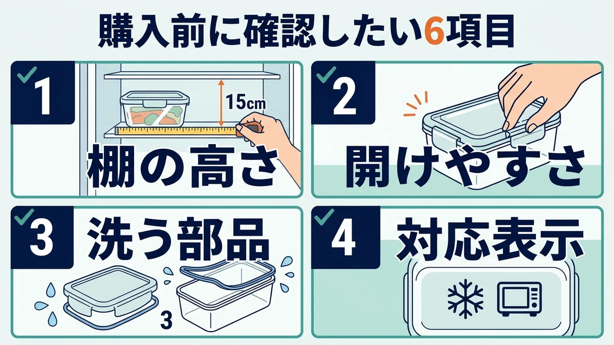 保存容器を買う前の確認項目を示すチェックリスト図