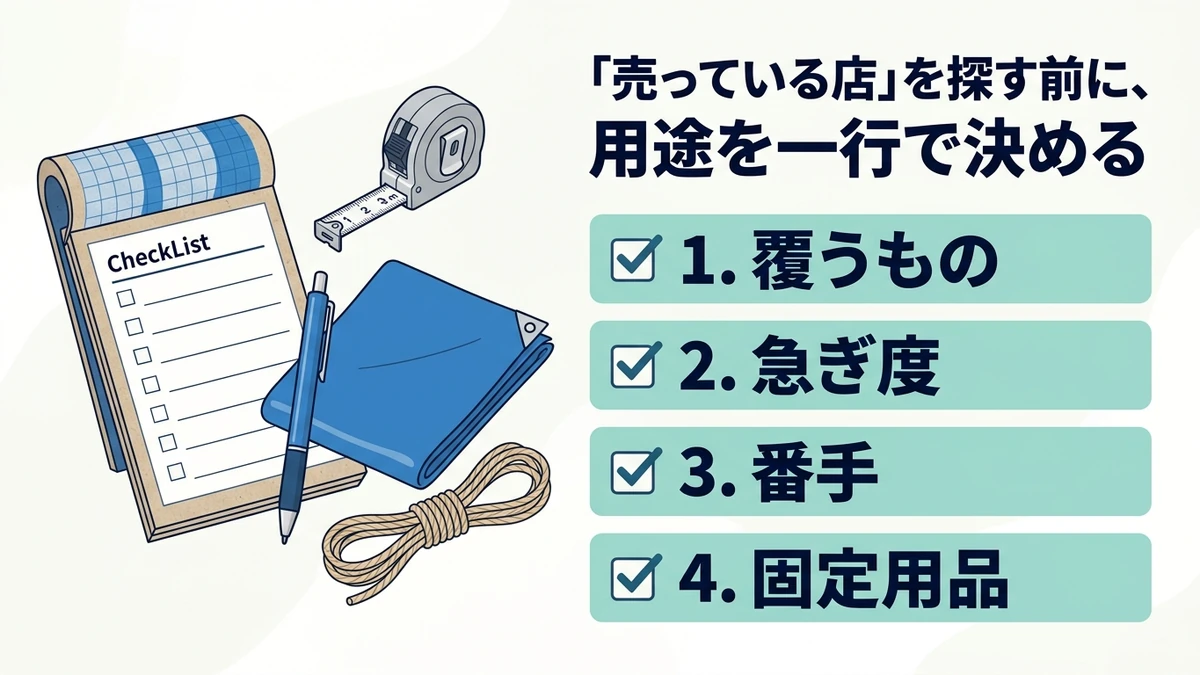 ブルーシート購入前に確認する項目を示すチェックリスト図