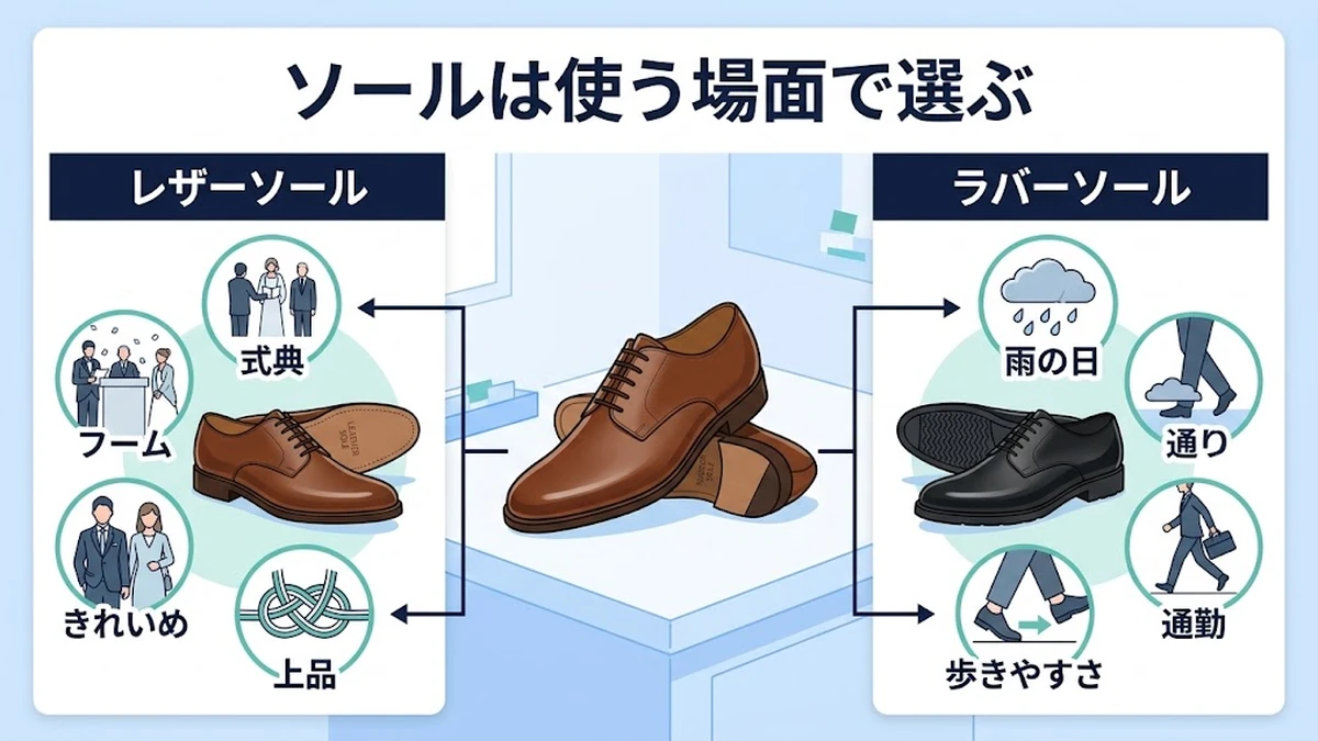 レザーソールとラバーソールの使う場面を比較する図解