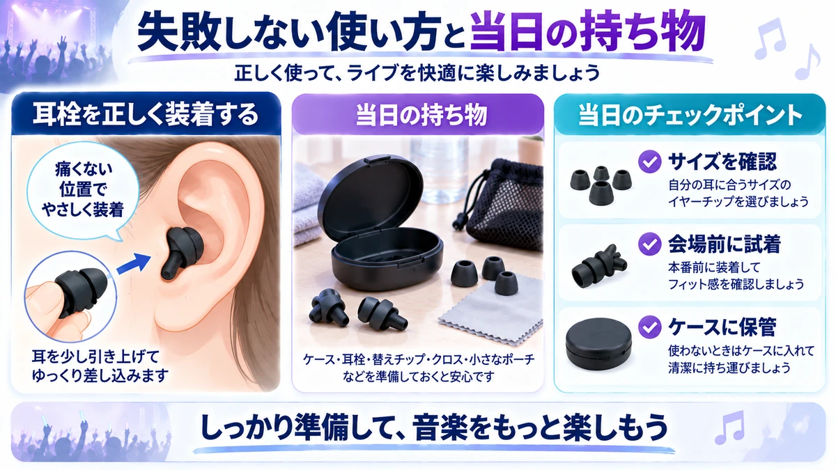 ライブ用耳栓の装着と当日の持ち物を確認する図解