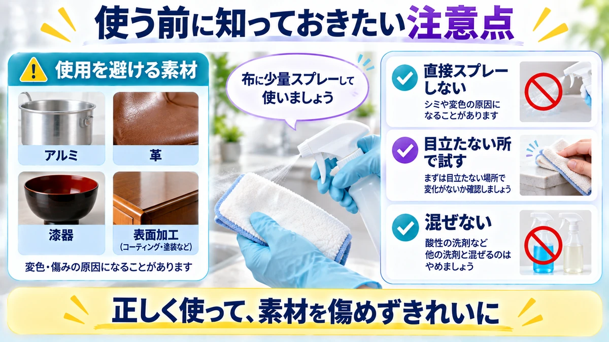 使えない素材と安全な拭き掃除の手順を示す図解