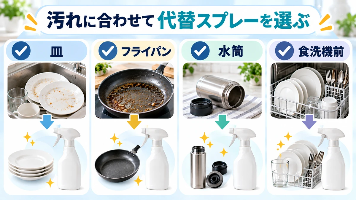 皿、フライパン、水筒、食洗機前で代替洗剤を選ぶ図解
