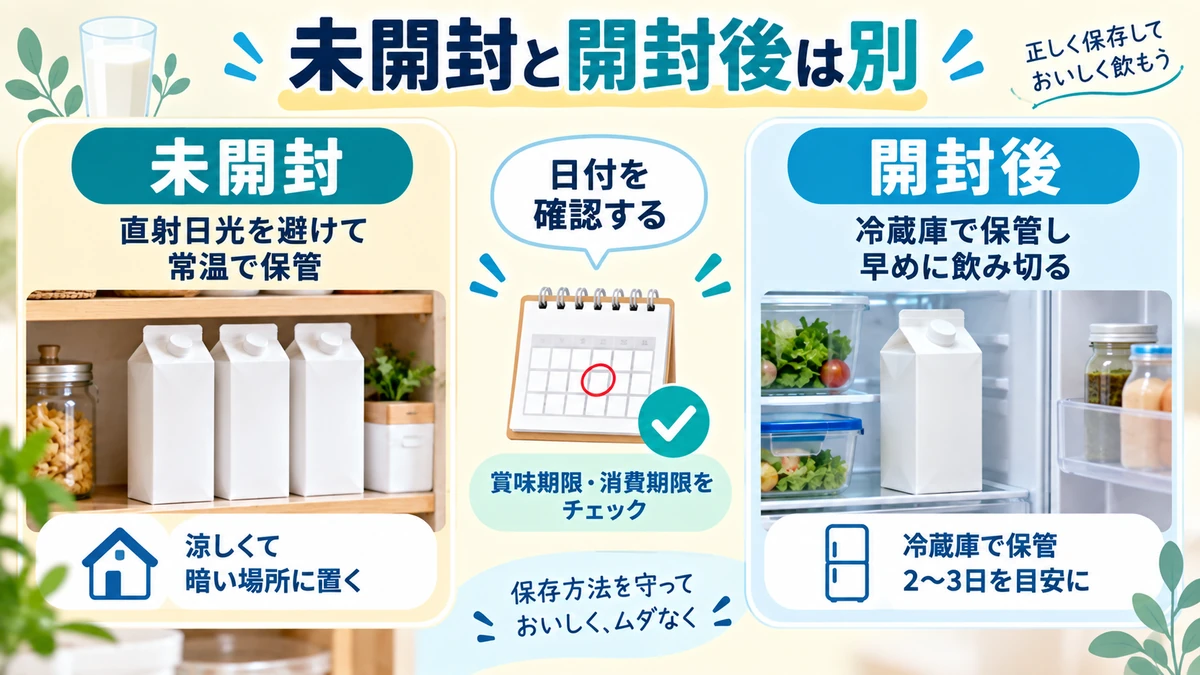ロングライフ牛乳の未開封と開封後の保存方法を分けて示す図解