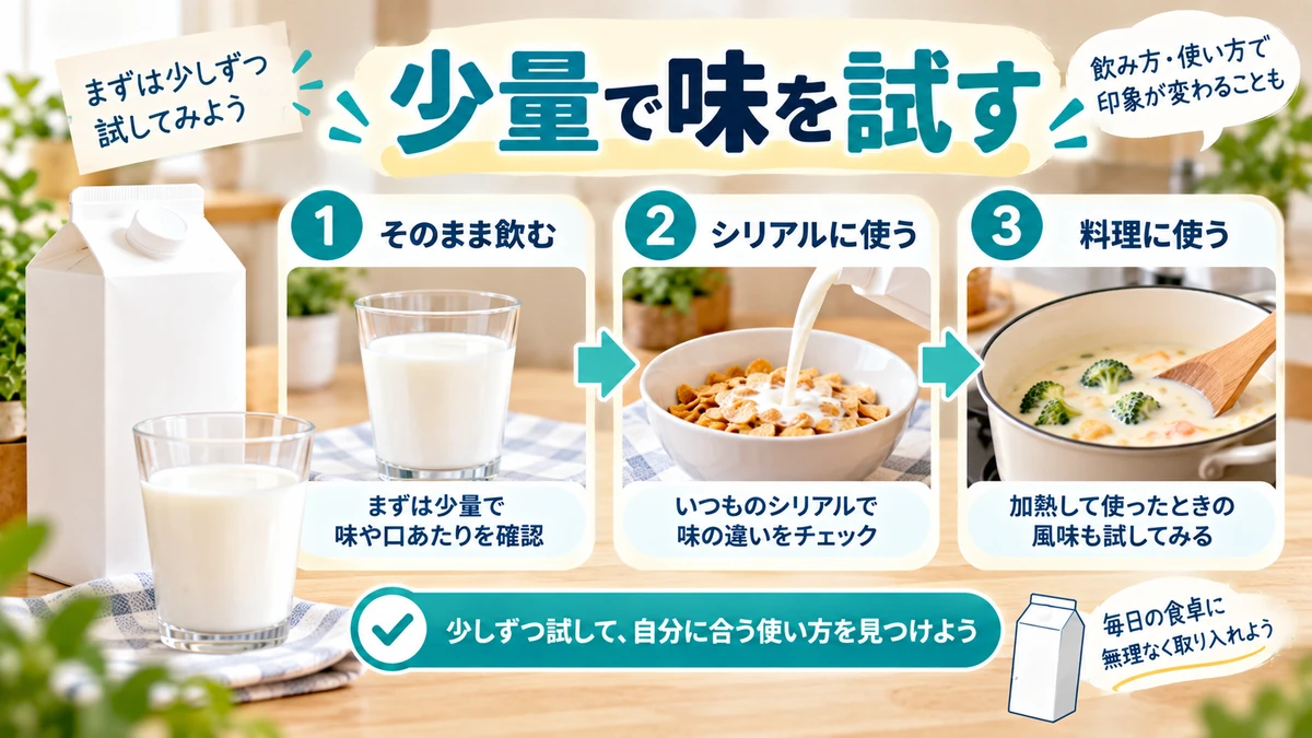 ロングライフ牛乳を少量で味見し用途別に使い分ける図解