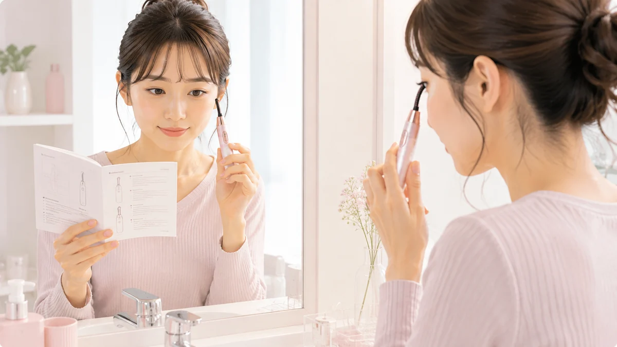鏡の前でホットアイラッシュカーラーの説明書を確認する女性
