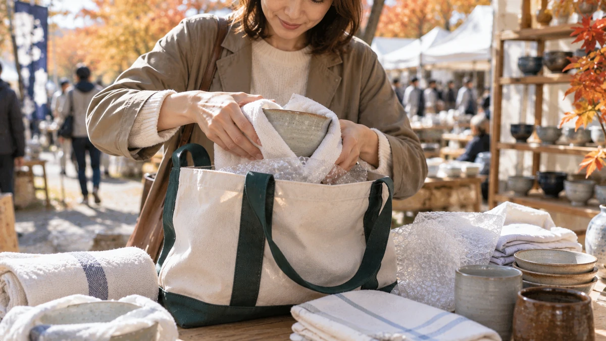 陶器をタオルと緩衝材で包んでバッグへ入れる手元