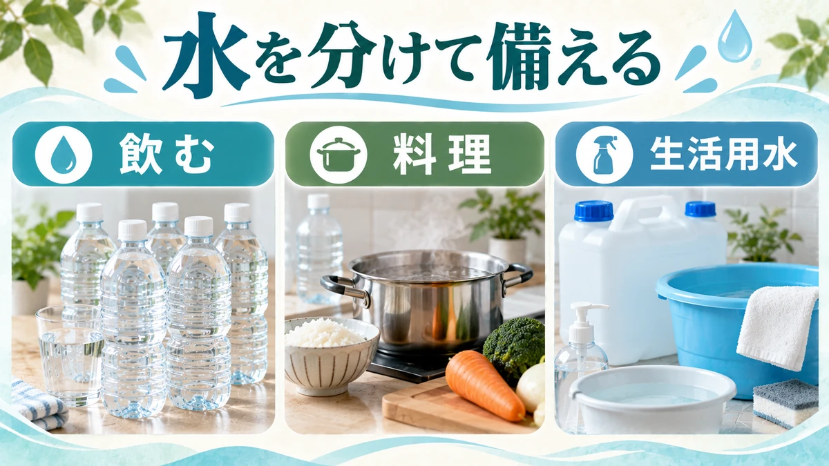 断水時の水は「飲む・作る・生活用」に分けて考えるを分かりやすく示す図解画像