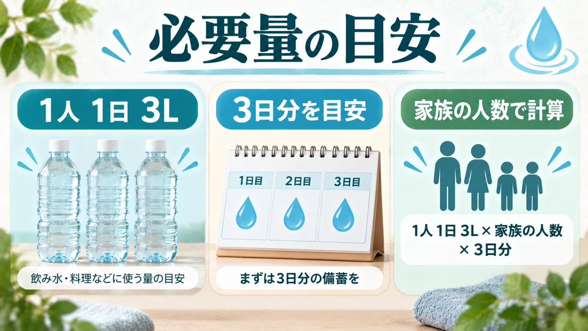 最初に計算するのは「人数×日数×3L」を分かりやすく示す図解画像