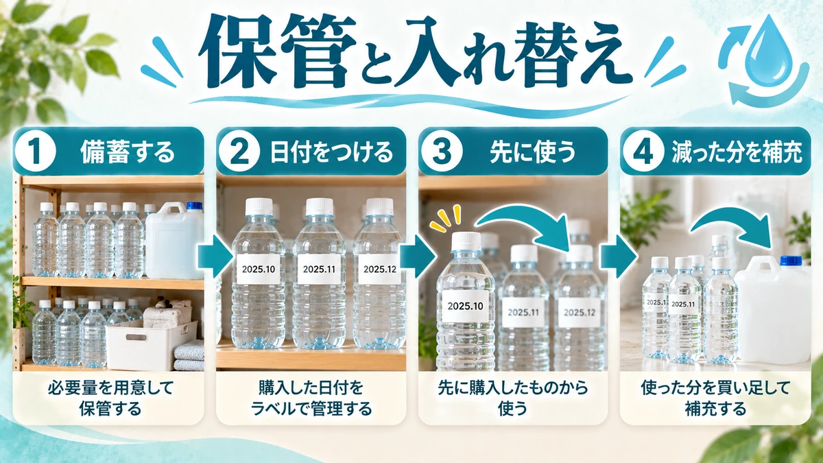 保存水、普段のミネラルウォーター、水道水の役割を混ぜないを分かりやすく示す図解画像